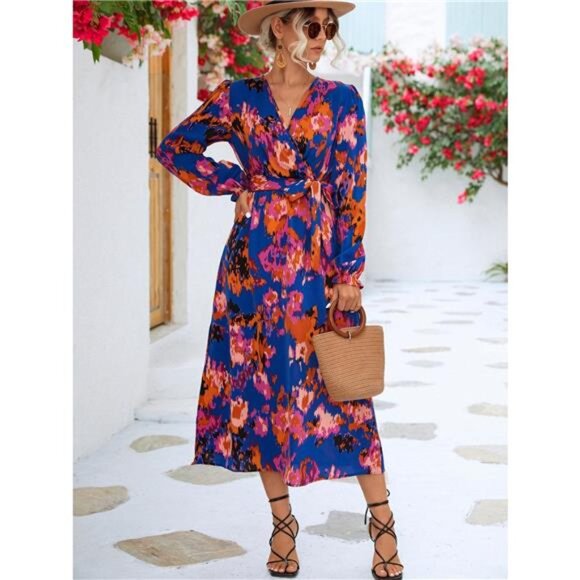 Printed Surplice Long Sleeve Midi Dress - Picture 6 of 11
